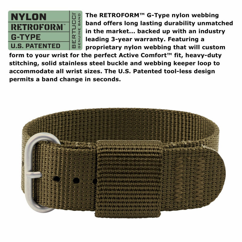 Bertucci retro-inspired Retroform field watch with a USA movement, 5 year battery and G-Type nylon band #11600 spec