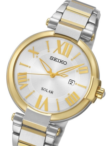 Seiko Two-Tone Women's Solar Dress Watch with Silver Dial, Goltone Hands and Markers #SUT174