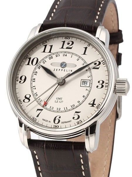 Graf Zeppelin Dual Time, GMT Watch with Red Tipped 24-hr Hand. #7642-5