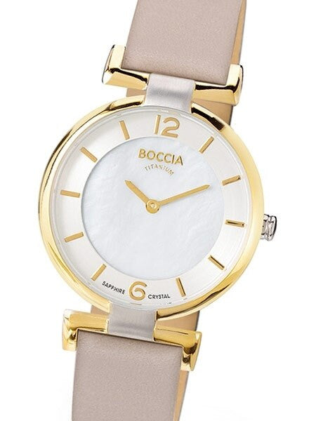 Boccia Ladies Quartz Watch with Goldtone Titanium and beige leather strap #3238-02