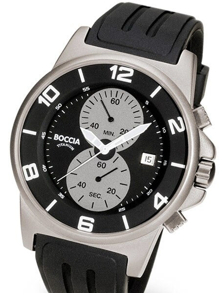 Boccia Mens Black Dial Quartz Chronograph with 45mm Titanium Case and Rubber Strap #3777-01
