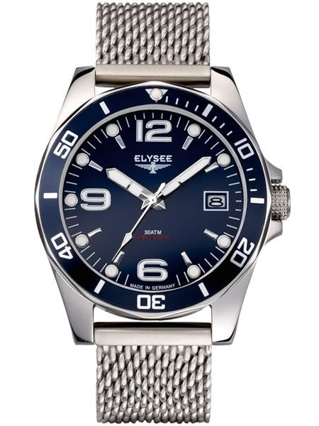 Elysee 300M Endurance 45mm Quartz Dive Watch with Blue Dial and Mesh Bracelet #60112