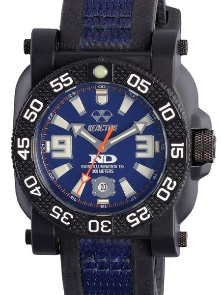 Reactor Gryphon Watch with Never Dark Illumination, Black Nitromid Polymer, Steel Core Case and Rubber Strap #73803