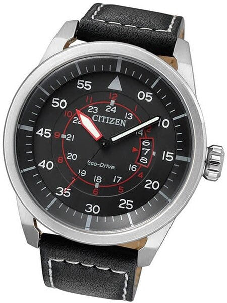 Citizen Eco-Drive Black Dial Pilot Watch with Black Leather Strap #AW1360-04E
