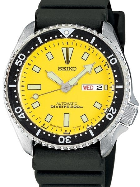 Seiko Yellow Automatic Dive Watch with Offset Crown and Rubber Dive Strap #SKXA35