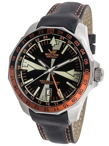 Vostok-Europe Radio Room, Dual Time Automatic Watch with an Orange and Black Bezel #2255220