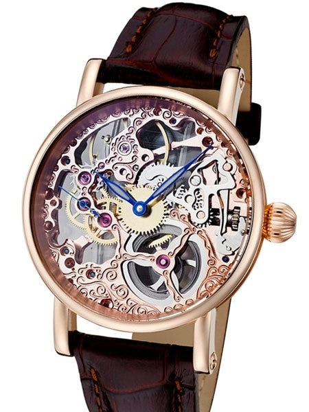 Rougois Hand Wind Decorated Skeleton Movement Watch with Rose Goldtone Case #RS10005