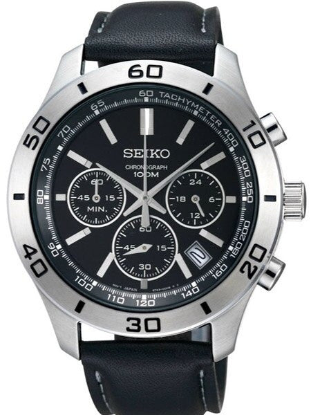 Seiko Quartz Chronograph with 24-hour Sub-Dial on a Black Leather Strap #SSB049p2