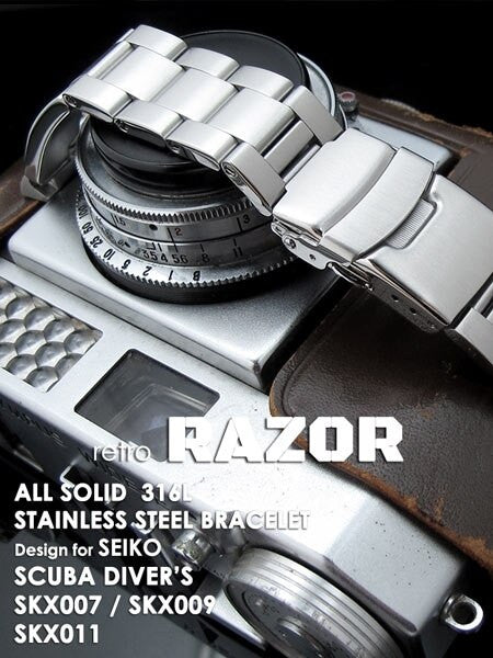 Strapcode Retro Razor 316L Stainless Steel Bracelet for SEIKO Diver SKX007/009/011 Curved End, Diver Clasp #SS221803B039