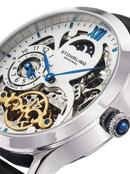 Stuhrling Dual Time Zone Skeleton Automatic Watch with Day-Night