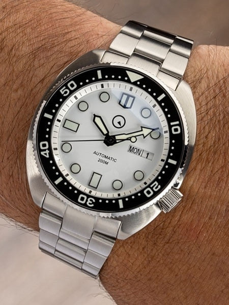 Islander White Dial Automatic Dive Watch with AR Double Dome Sapphire Crystal, and Luminous Ceramic Bezel Insert #ISL-29