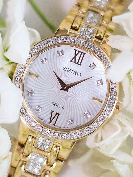 Seiko Ladies Solar Dress Watch with Swarovski Crystals, Mother of Pearl Dial #SUP364
