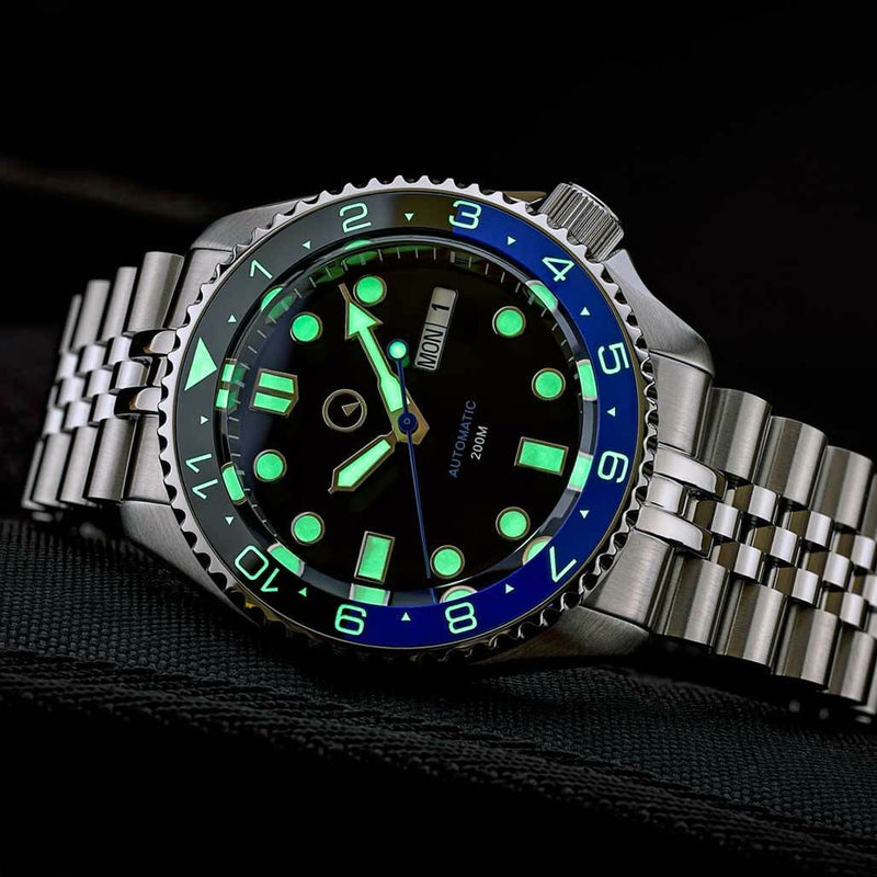 Islander Automatic Dive Watch with Solid-Link Bracelet, AR Sapphire Crystal, Dual-Time Luminous "Batman" Bezel Insert #ISL-74