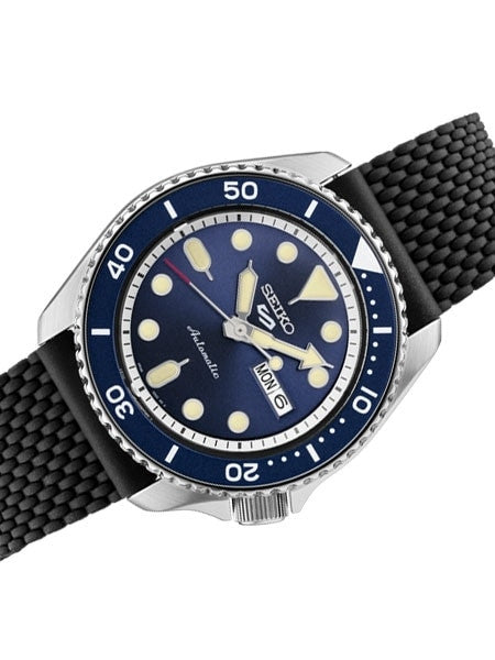 Seiko 5 Sports 24-Jewel Automatic Watch with Blue Dial and Silicone Strap #SRPD93