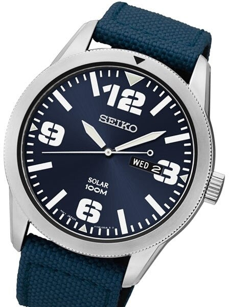 Seiko Aviator Blue Dial Solar Watch with 43mm Case, Blue Canvas Strap #SNE329