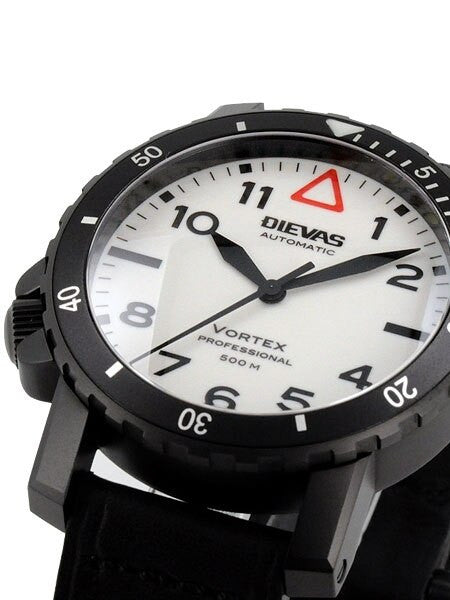 Dievas Vortex Professional Tactical Dive Watch with Black PVD Case, Offset Crown at 8:00 and White, Fully Luminous Dial