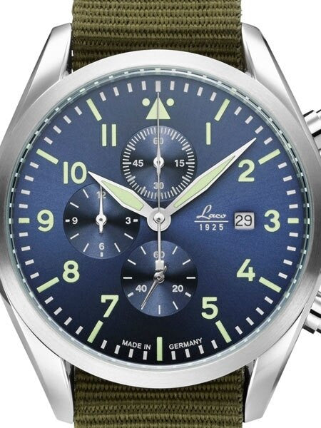 Laco 42mm Atlanta Blue Dial Chronograph Watch with 12-hour Totalizer #861919