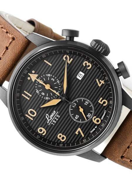 Laco Engadin Two-Eye Chronograph Watch with 42mm PVD Case and Corrugated Dial #861976