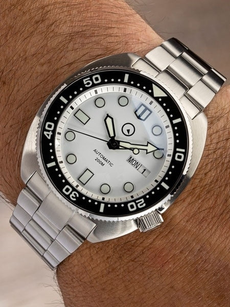 Islander White Dial Automatic Dive Watch with AR Double Dome Sapphire Crystal, and Luminous Ceramic Bezel Insert #ISL-29