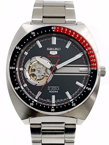 Seiko 44mm Sports 5 Automatic 24-Jewel Watch with an Open Heart Black Dial #SSA329K1
