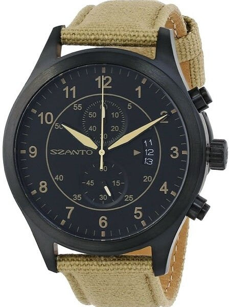 Szanto 46mm Black Ion Plated Vintage Inspired Military Chronograph Watch #1202