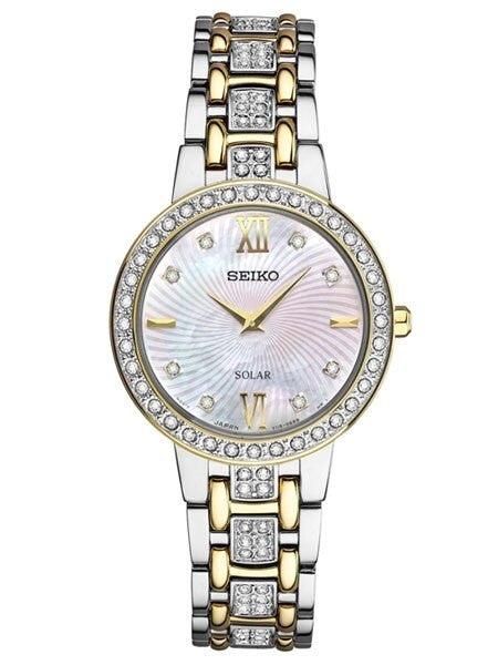 Seiko Ladies Solar Dress Watch with Swarovski Crystals, Mother of Pearl Dial #SUP360