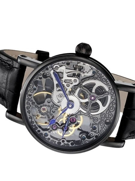 Rougois Hand Wind Decorated Skeleton Movement Watch with Black PVD Case #RS10003