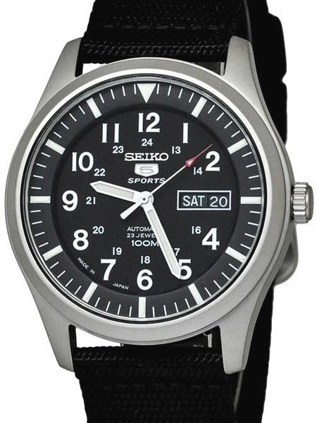 Seiko Military Black Dial Automatic Watch with 42mm Case, Black Canvas Strap #SNZG15J1