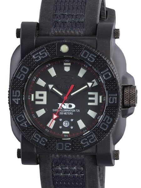 Reactor Gryphon Watch with Never Dark Illumination, Black Nitromid Polymer, Steel Core Case and Rubber Strap #73801