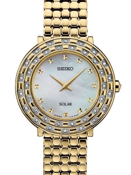 Seiko Tressia Solar Dress Watch with with 36 Diamonds, Mother of Pearl Dial #SUP374