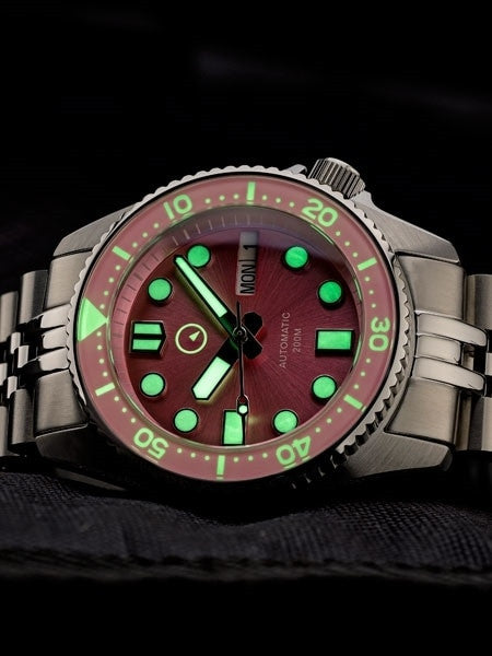 Islander 38mm Automatic Pink Dive Watch with Solid-Link Bracelet, AR Double Dome Sapphire Crystal, and Luminous Sapphire Bezel Insert #ISL-52