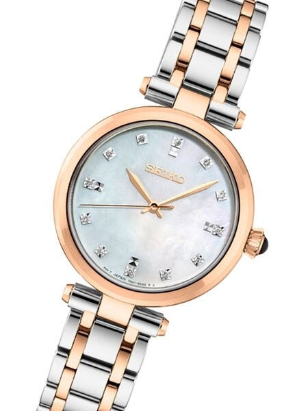 Seiko Ladies Quartz Dress Watch with with 12 Diamond Hour Markers, Mother of Pearl Dial #SRZ534