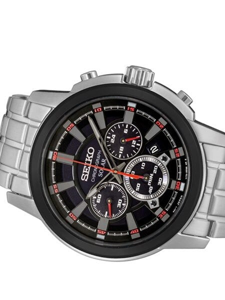 Seiko Black Dial, Solar Chronograph with Stopwatch and 24-hour Sub-Dial #SSC389