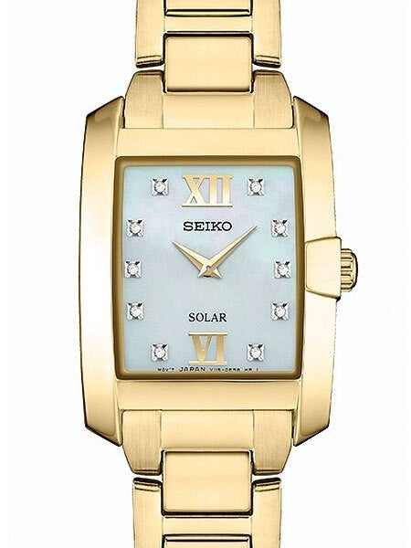 Seiko Women's Solar Dress Watch with 10 Diamond Hour Markers, Mother of Pearl Dial #SUP378