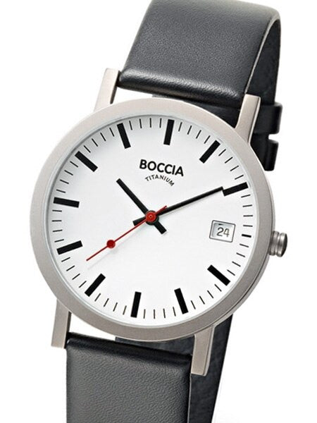 Boccia Mens Silver Quartz Watch with 38mm Titanium Case and Leather Strap #3538-01