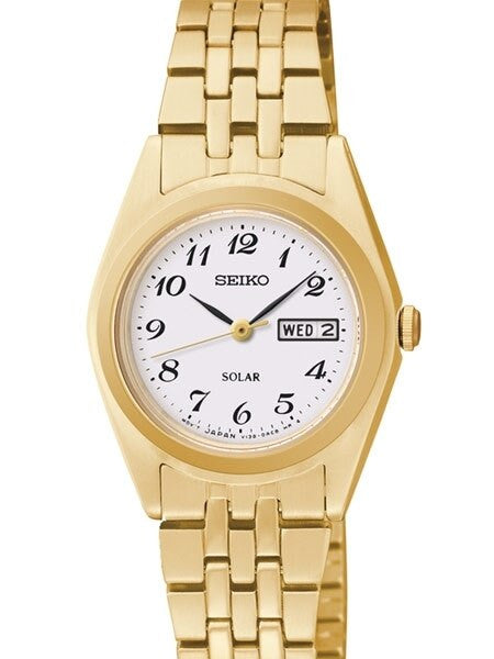 Seiko Goldtone Women's Solar Dress Watch with White Dial, Black Hands and Markers #SUT118