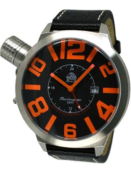 Tauchmeister T0175 Black XXL GMT Dive Watch with Orange Hands and Markers