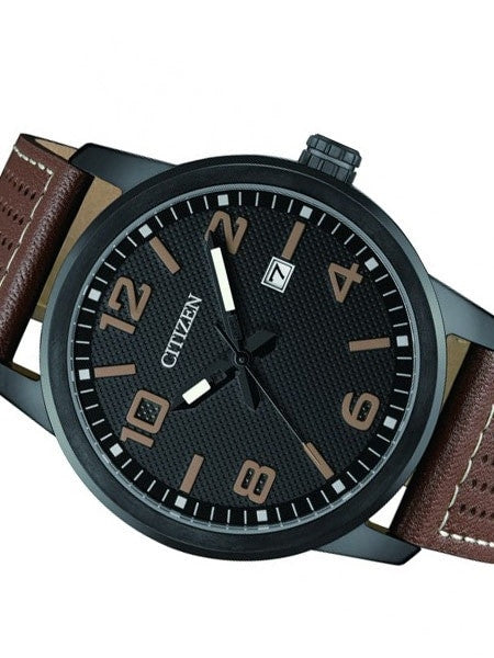 Citizen Quartz Black PVD Sport Watch with Brown Aerated Leather Strap #BI1025-02E
