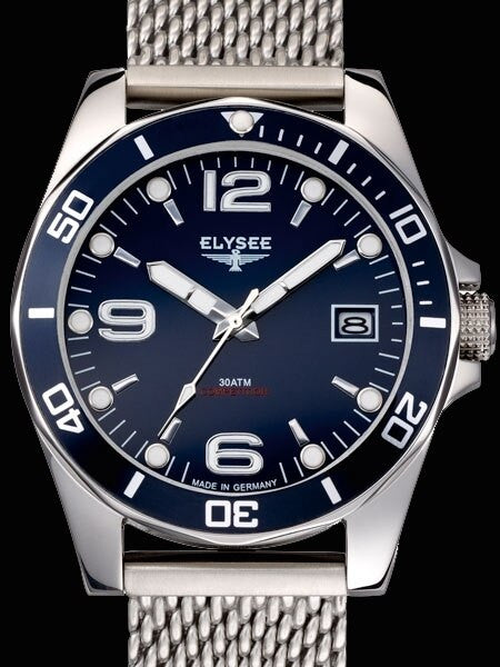 Elysee 300M Endurance 45mm Quartz Dive Watch with Blue Dial and Mesh Bracelet #60112
