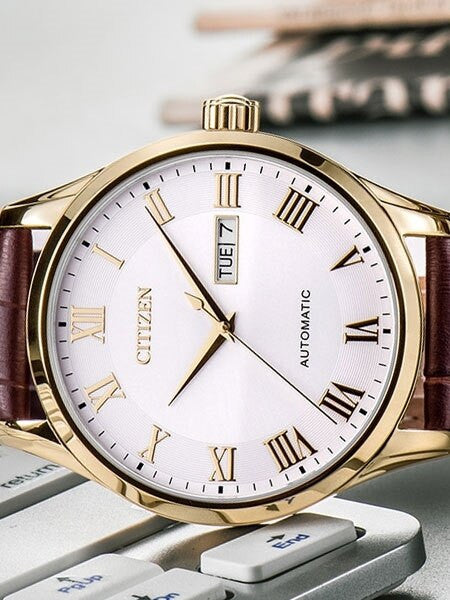 Citizen Automatic White Dial Watch with Brown Leather Strap #NH8363-14A