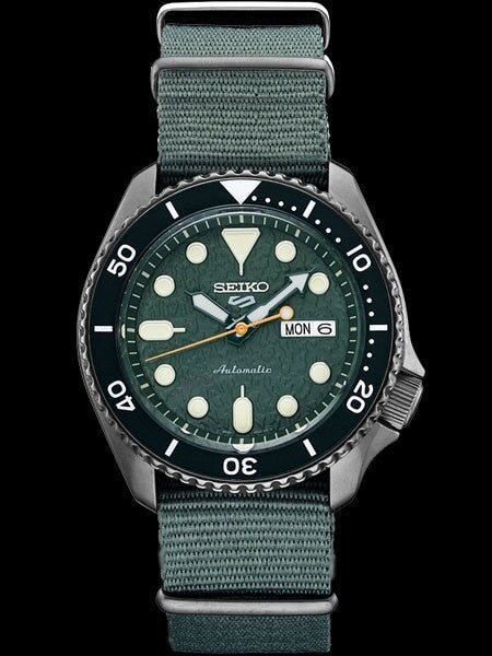 Seiko 5 Sports 24-Jewel Automatic Watch with Textured Green Dial and Nylon Strap #SRPD77