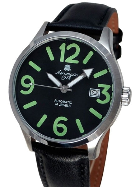 Aeromatic 1912 Retro Styled 24-Jewel Automatic Watch with Black Leather Strap #A1435A