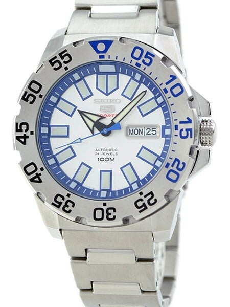 Seiko 43mm Sports 5 Automatic 24-Jewel Watch with Silver Dial and Blue Accents #SRP481K1