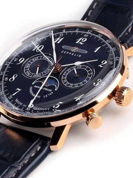 Graf Zeppelin Hindenburg Swiss Quartz Moonphase Calendar Watch #7038-3