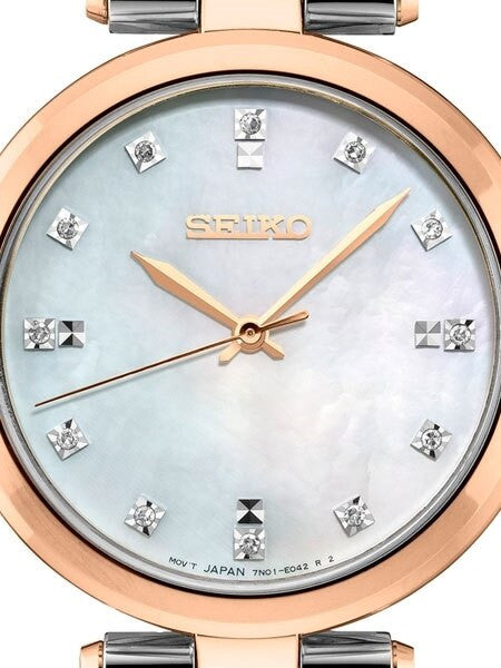 Seiko Ladies Quartz Dress Watch with with 12 Diamond Hour Markers, Mother of Pearl Dial #SRZ534