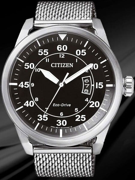 Citizen Eco-Drive Black Dial Pilot Watch with Mesh Bracelet #AW1360-55E