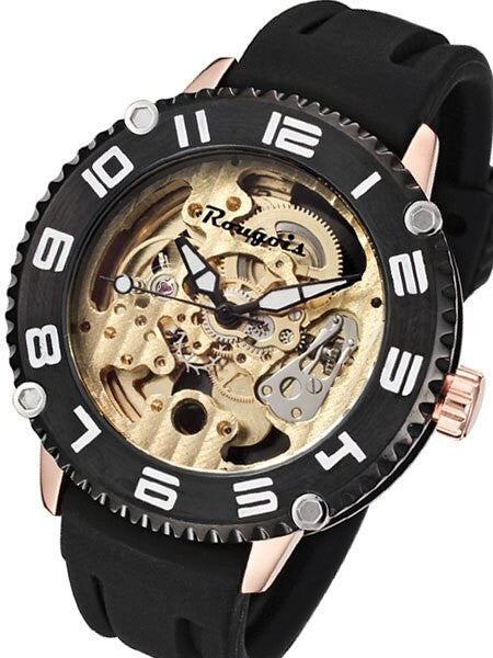 Rougois Goldtone Skeleton Automatic (self-winding) Watch with Black Bezel 3285M-RGB-2