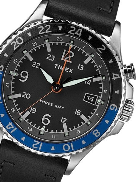 Timex 43mm Allied Three GMT Quartz Watch with Black Dial and INDIGLO Night-Light #TW2R43600VQ