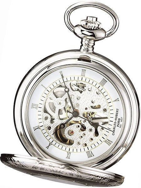 Charles-Hubert Mechanical Silver Tone Pocket Watch with Engraved Case #3804
