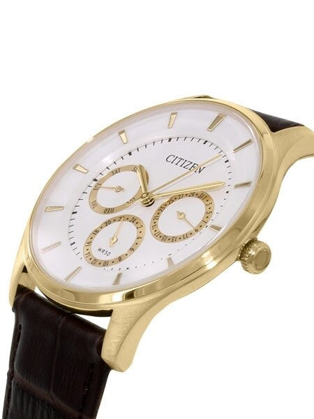 Citizen Thin Goldtone Dress Watch with Three Sub-Dials and a Leather Strap #AG8353-05A